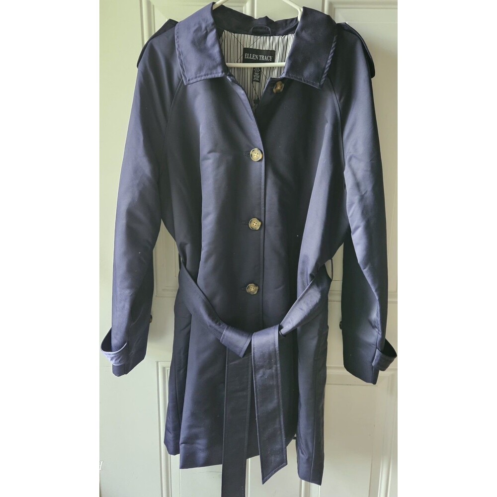 NWT Ellen Tracy Navy Belted Trench Coat Sz‎ XL  Insulated Water Repellent